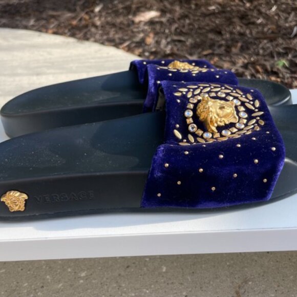 Versace Medusa Crystal Studded Purple Velvet Slides - Picture 2 of 4